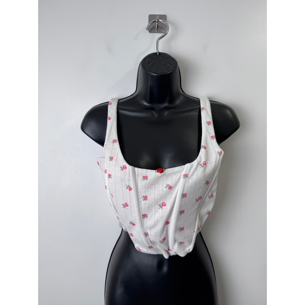 With Jean Women White Floral Pointelle Corset Crop Top Small